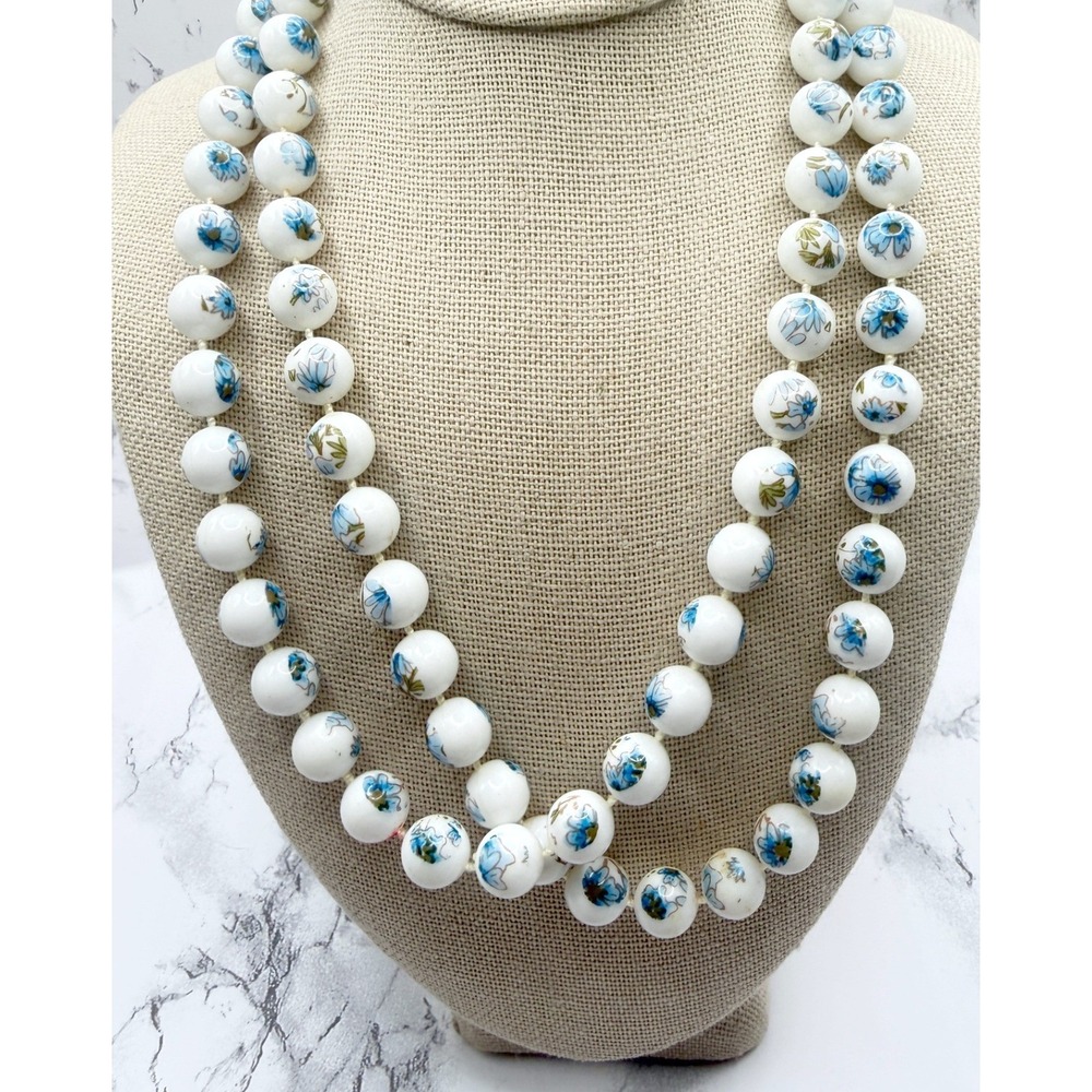 White Blue Floral Painted Bead Necklace 30 Inch Vintage Style Beaded‎ Necklace